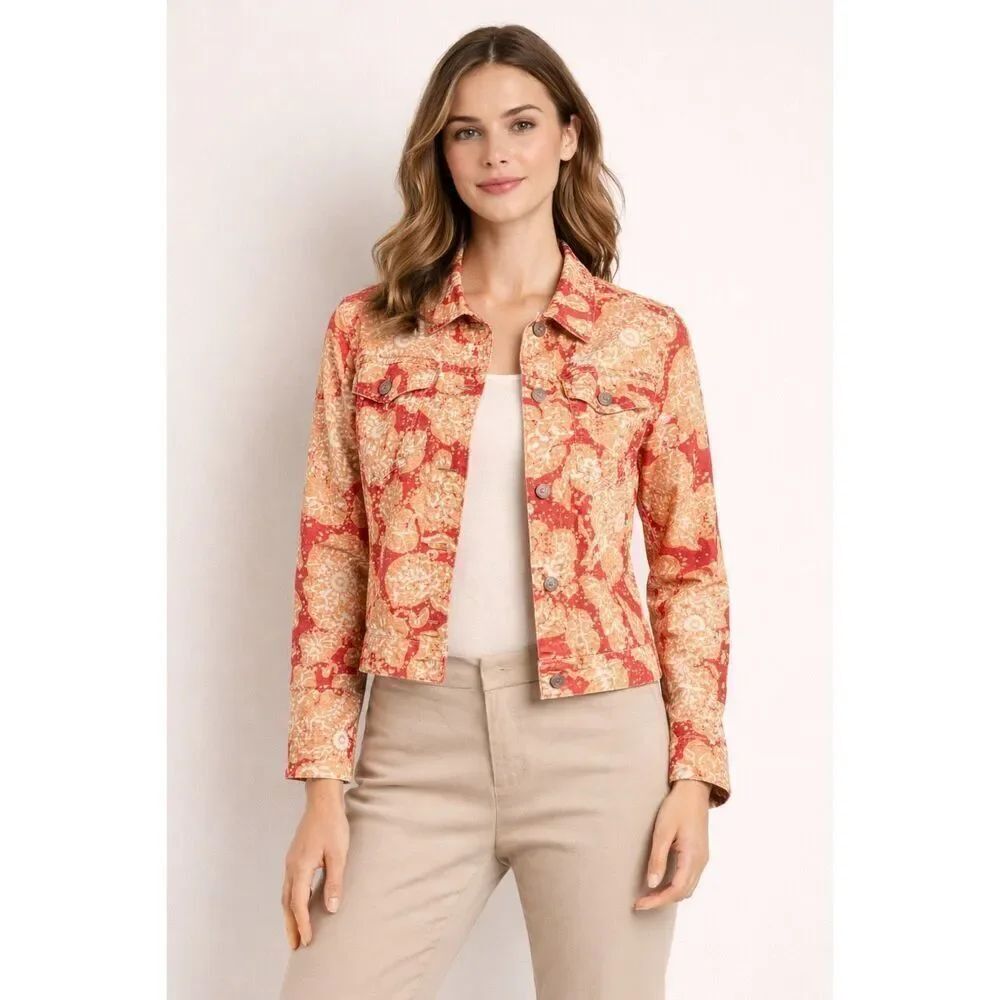 Coldwater Creek Floral Linen Jacket Petite Medium Boho Cropped